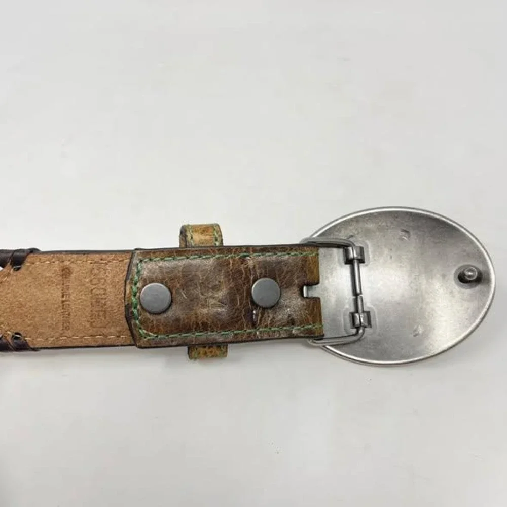 Hooey Western Belt‎ Youth Boys 24 Brown Leather Silver Buckle Green Stitch Rodeo